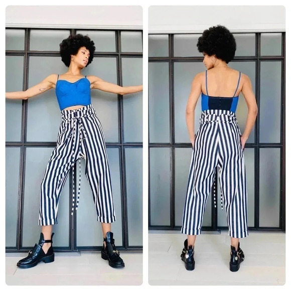 PINKYOTTO | High-Waisted Striped Paperbag 100% Cotton Pants Self Tie Belt Size S - Picture 12 of 12